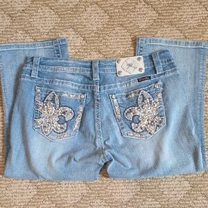 Miss Me Light Blue Cropped Jeans with Silver Embellishments